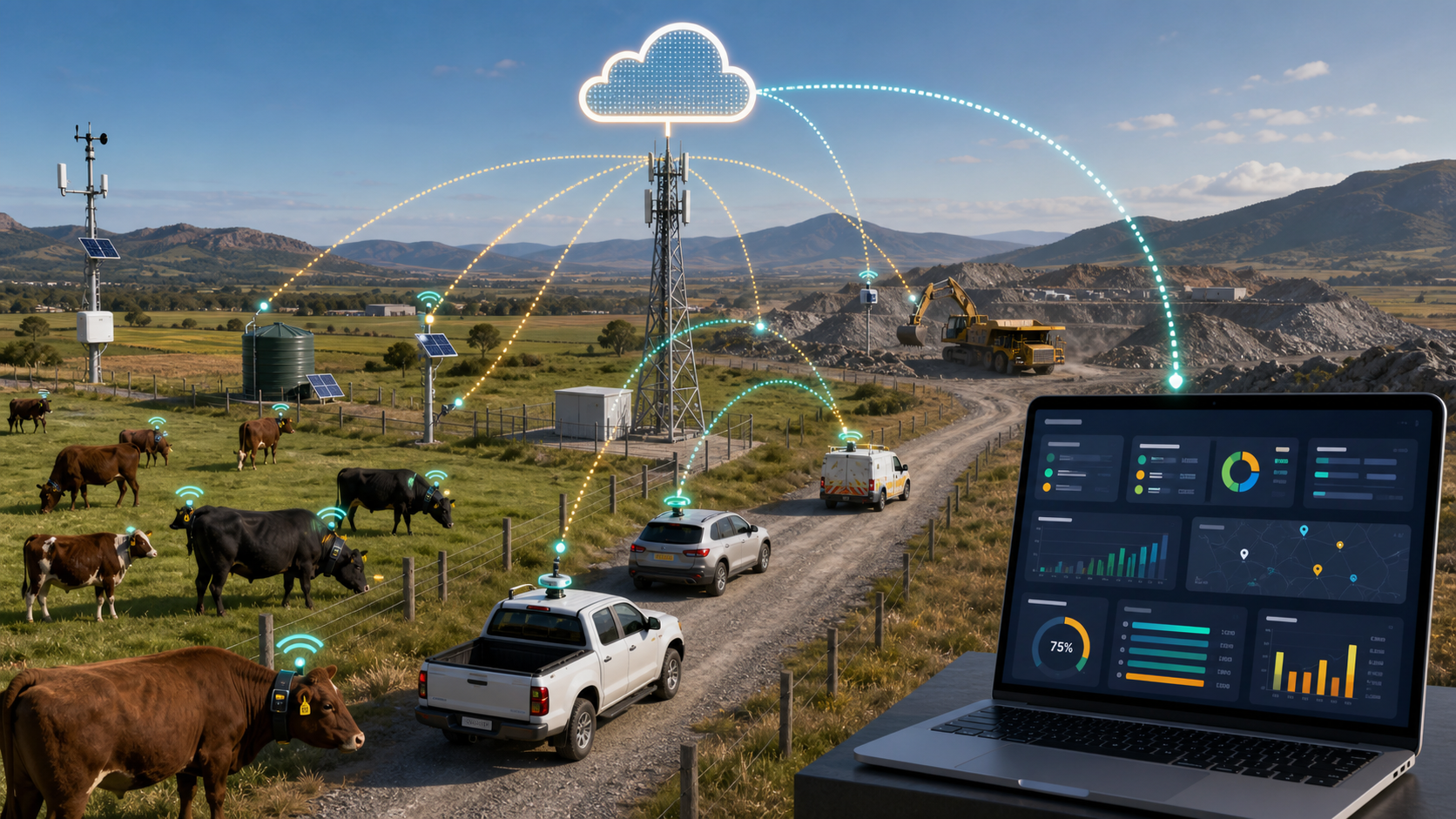 GPS-tracked cattle, GPS-tracked vehicles and remote devices connecting to a tower and analytics portal.