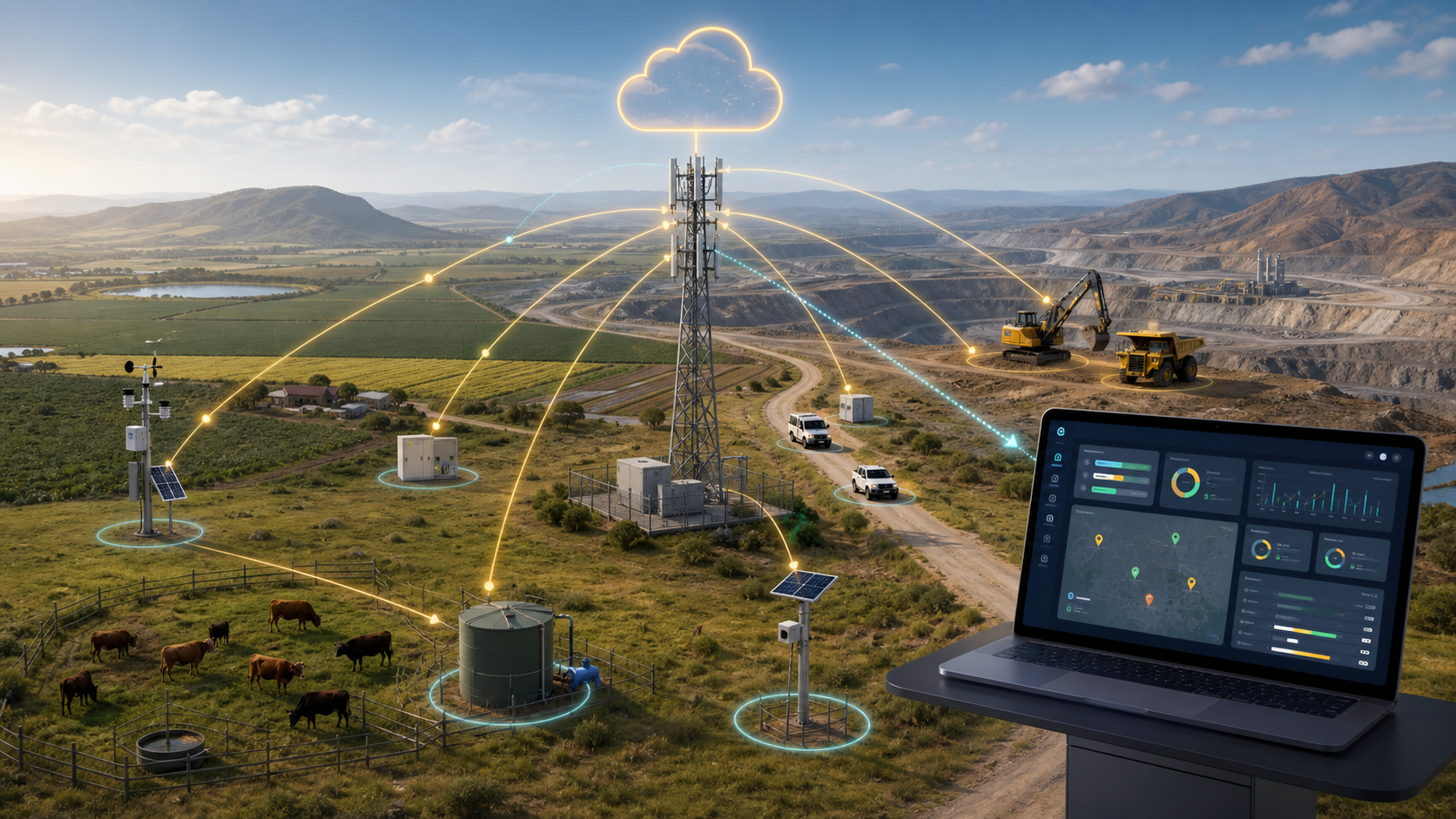 Wide-area IoT devices connecting through one cellular tower to the Sparrow Connect analytics dashboard.